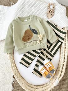 Bộ 2 sản phẩm/bộ áo nỉ dài tay thêu họa tiết quả bơ xanh chanh thường ngày cho bé trai và quần cạp chun, mùa xuân/thu - màu xanh lá - Xem 4