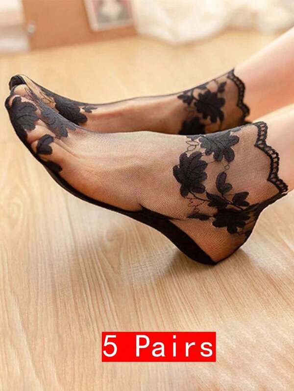 5 Paar/Los Damen Socken mit Spitze transparent Lolita unsichtbar Sommer dünn rutschfest kurz Knöchel schwarze Low Cut Boot Socken