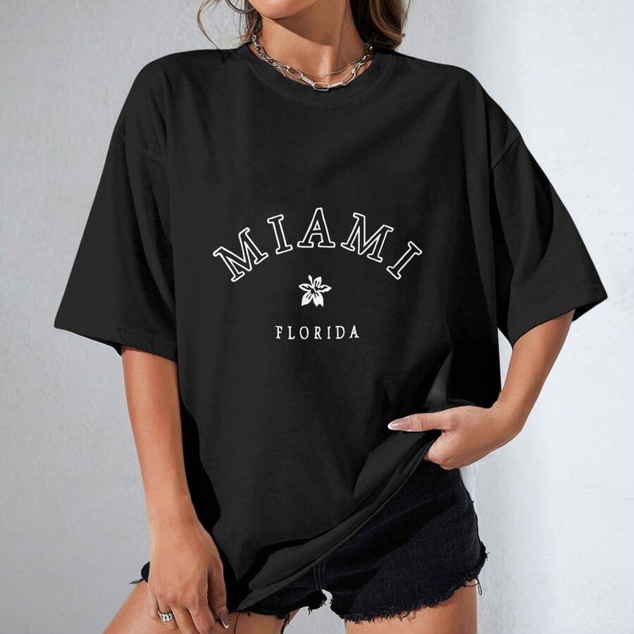 Unisex 100% Cotton Oversized "Miami, Florida" T - Shirt, A Must - Have For Ladies - 黑色 - 查看 1
