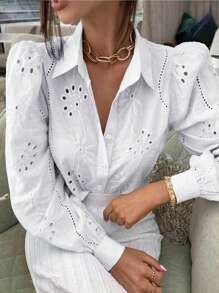 Women's Eyelet Embroidered Long Sleeve Top With Button Closure - White - View 3