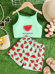 2pcs/Set Girls Outdoor Sports Casual Watermelon Printed Camisole & Shorts Set, Breathable Sport Vest & Shorts Suit, Summer