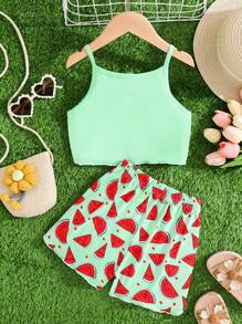 2pcs/Set Girls Outdoor Sports Casual Watermelon Printed Camisole & Shorts Set, Breathable Sport Vest & Shorts Suit, Summer