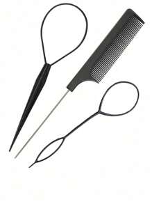 3pcs Women's Hair Styling Tools Set, Including 2 French Braiding Tools And 1 Rat Tail Comb With Metal Pin For Bun, Suitable For Salon And Home Use,Gold Head Piece Hair Accessories For Barber Salon Beauty Travel Essential Hair Products,Hair Cares,Hair Accessories - Black - View 8