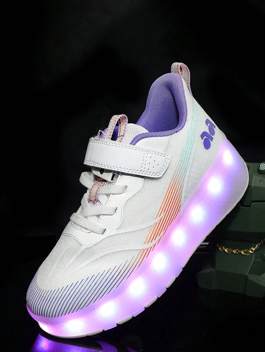 儿童旱冰鞋运动鞋充电闪光轮鞋适合男孩和女孩，双轮可切换 10 种模式学校校园旱冰鞋 - 紫色 - 查看 1