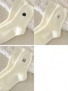 1pair/3pairs Women's Comfortable Winter Cartoon Mid-Calf Socks, Polyester Blended, Knitted Fabric, Cute Animal Pattern, Warm Lining, Hand Washable - Beige - View 16