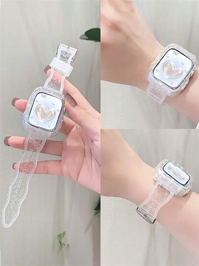 Crystal Glitter Wave Rubber Smartwatch Band With Integrated Case Compatible With Apple Watch Series 1-9 SE (38mm/40mm/41mm/42mm/44mm/45mm) - Water-Resistant Multiple Clasp Options