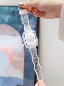 水晶闪光波浪橡胶智能手表表带，带一体式表壳，兼容 Apple Watch Series 1-9 SE（38 毫米/40 毫米/41 毫米/42 毫米/44 毫米/45 毫米） - 防水多种表扣选择 - 無色 - 查看 2