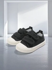 1 Pair Toddler Boys And Girls' Green Low-Top Canvas Sneakers With Double Hook And Loop Fasteners, Round Toe, Flat Bottom, Comfortable, Breathable, Minimalist, Fashionable School Style, Casual Baby Shoes, Suitable For Daily Wear, School Outfits, All Season - Black - View 6
