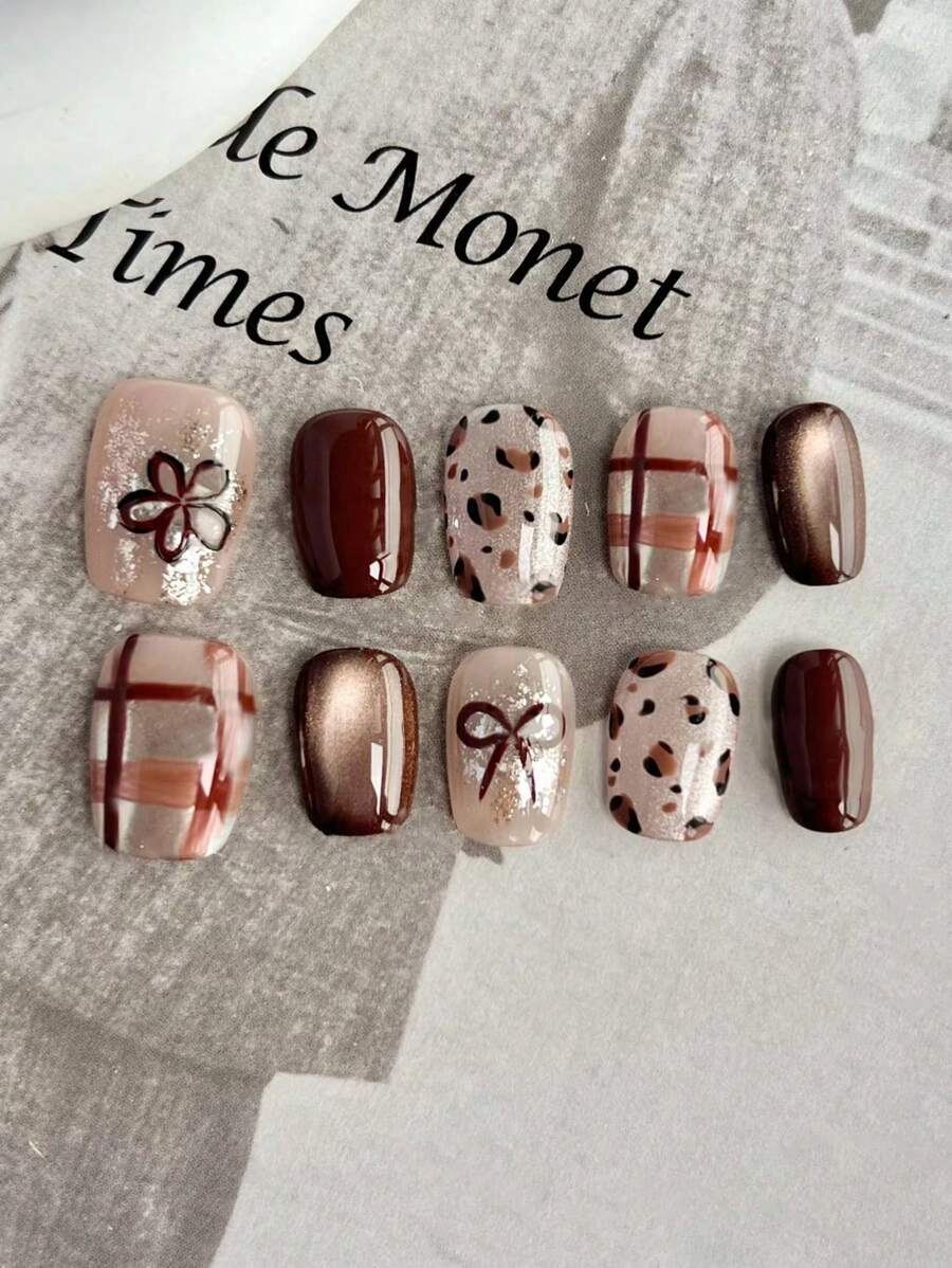 30 件短方形浪漫栗色拿铁猫眼菱形假指甲套装适合学生、办公室白领、日常工作和约会指甲按压指甲美甲用品指甲 - 彩色 - 查看 1