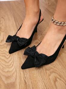 Fashion Bow Black Velvet Backless Pointed Toe High Heel Mules For Women