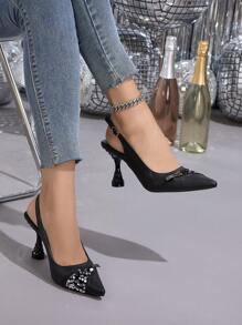 Fashionable Pointed-Toe Zipper Sandals, European & American Style Strap Hollow-Out High Heels For Summer - Black - View 4
