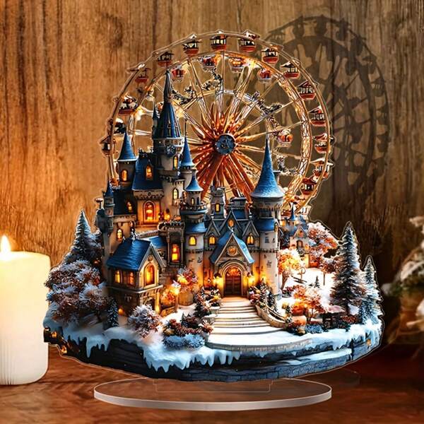 1 Piece Acrylic Ferris Wheel Christmas Castle Snow Scene Decor - Holiday Festive Tabletop Decoration, Suitable For Home And Office Display