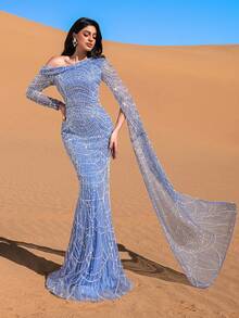 Faeriesty Đầm dạ hội đuôi cá lệch vai sang trọng đính cườm và sequin với tay áo bất đối xứng – Dài chấm đất ấn tượng cho các sự kiện trang trọng, và thương hiệu cao cấp ra mắt bộ sưu tập đầm dạ hội cưới thanh lịch. - Màu xanh lam - Xem 8