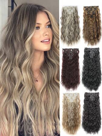 夹式接发，7 件接发长款美人鱼波浪波浪合成夹式假发，适合女性