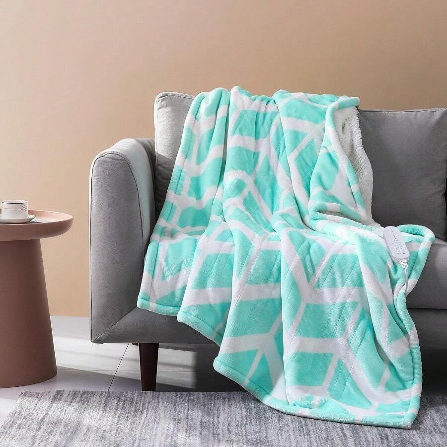 VENTIMI Electric Heated Blanket Throw, Heating Blanket With 5 Heat Settings & 3 Hours Auto-Off Timer, Warm Flannel Sherpa Heated Throw For Winter, Overheat Protection, 50''*60'', Machine Washable - 綠色 - 查看 1
