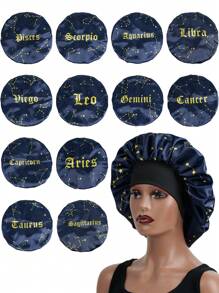 1pc Satin Elastic Sleeping Cap With Drawstring Bow, Printed With 12 Zodiac Signs, Unisex Sleep Bonnet - Black - View 11