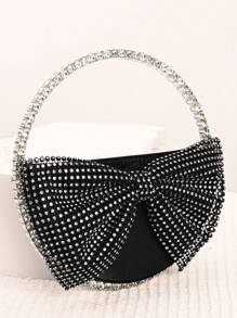 Bolsa elegante de cetim, bolsa clutch com laço 3D, bolsa decorada com cristais brilhantes, bolsa de noite com textura de cetim, bolsa brilhante com borboletas cravejadas de cristais, bolsa para o dia dos namorados, bolsa de casamento para noivas, bolsa de mão com laço de cristal feminina da moda, bolsa clutch superbrilhante para a noite com strass, bolsa de festa com borboletas redondas de cristal, leve e portátil, fecho de zíper, preto clássico, forro de poliéster, sem estampa, não lavável, adequada para combinações diárias ou festas formais