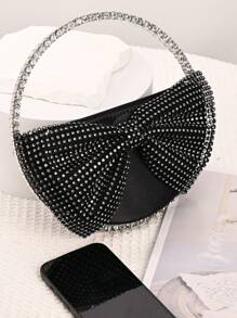 Bolsa elegante de cetim, bolsa clutch com laço 3D, bolsa decorada com cristais brilhantes, bolsa de noite com textura de cetim, bolsa brilhante com borboletas cravejadas de cristais, bolsa para o dia dos namorados, bolsa de casamento para noivas, bolsa de mão com laço de cristal feminina da moda, bolsa clutch superbrilhante para a noite com strass, bolsa de festa com borboletas redondas de cristal, leve e portátil, fecho de zíper, preto clássico, forro de poliéster, sem estampa, não lavável, adequada para combinações diárias ou festas formais