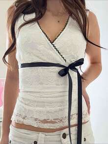 Y2K 夏季女士外出约会蕾丝彩色拼布领腰部蝴蝶结系带背心