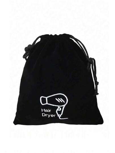 1个字母图案旅行吹风机收纳袋，抽绳设计，黑色涤纶绳袋，衣柜整理袋，旅行便携袋，防水口袋，衣物分类挂袋