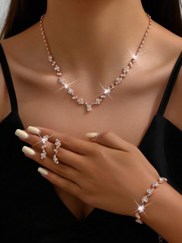 4 buc/Set Colier elegant, cercei, brățară Set de bijuterii de mireasă, potrivit pentru nunta femeilor, ziua de naștere, accesorii pentru rochii de petrecere