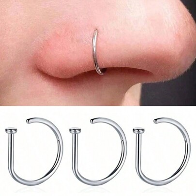 3 Piezas Anillos de nariz falsos para mujeres y hombres, Forma de D, Estilo punk, Sin perforación, Pinza nasal de acero inoxidable, Joyería corporal Perforación Septum