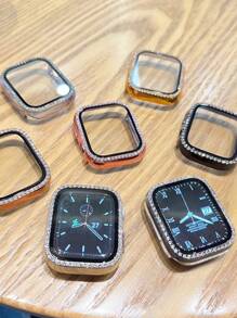 1pc Shiny Golden Crystal Rhinestone Decorative Ultra-Thin Tempered Glass Watch Case Cover, Compatible With Apple Watch 38/40/41/42/44/45/46/49mm, Compatible With Apple Watch Ultra/SE/11/10/9/8/7/6/5/4/3/2/1 Series, Smart Watch Case Accessory