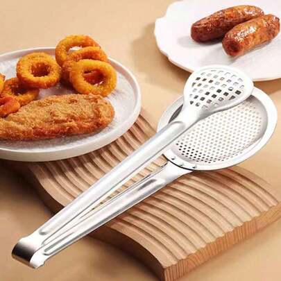 1 Stück/Edelstahl Essenszange, 2-in-1 Edelstahl Küchenzange, Edelstahl Frittierzange, Ölablass Essenszange, Schöpflöffel mit Schlitz, Frittiernetz mit Schöpflöffel, Küchensiebkelle, kreative Küchenhelfer für Küche, Restaurant, Buffet, Camping, Wohnmobil, Backen, Catering, Campusmensen, Campusgeschirr, Weihnachtsgeschenk
