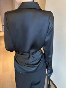 女士纯色长袖翻领衬衫，休闲日常穿着