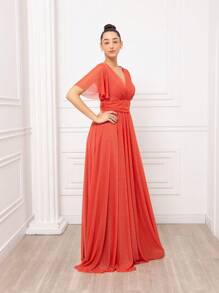 Madrinha de Casamento Vestido de Festa Standard Longo com Brilho Manguinha Curta Decote Transpassado e Saia Fluida - Terracota - Visão 3