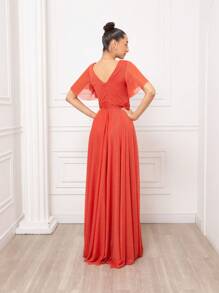 Madrinha de Casamento Vestido de Festa Standard Longo com Brilho Manguinha Curta Decote Transpassado e Saia Fluida - Terracota - Visão 4