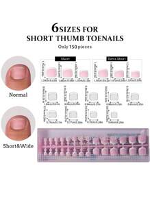 150 片短方形棕色/粉色粘合凝胶手指/脚趾甲，15 种尺寸可选，短法式假指甲，适合女士和女孩脚趾装饰按压指甲美甲用品 - 淺粉色 - 查看 6