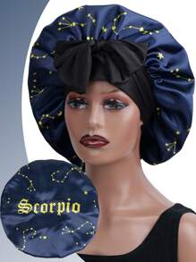 1顶缎面弹力睡帽,带抽绳蝴蝶结,印有12个星座图案,男女通用睡帽 - 黑色 - 查看 12