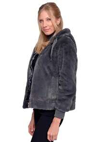 Risissida Fashionable & Comfortable: Women's Short Faux Fur Hooded Drawstring Jacket - Suitable For Casual And Formal Occasions In Autumn And Winter - Grey - View 5