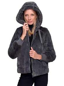 Risissida Fashionable & Comfortable: Women's Short Faux Fur Hooded Drawstring Jacket - Suitable For Casual And Formal Occasions In Autumn And Winter - Grey - View 4