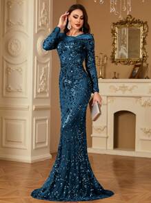 hezixi Women Long Sleeve Rhinestone Decor Elegant Slim Maxi Evening Dress, Party Dress, Wedding Guest Dress, Formal Dress,Gown - 水鴨藍 - 查看 5