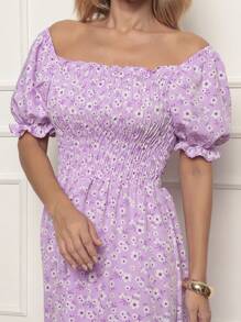 Long Dress With Puffed Sleeves Elastex Print - Lilac Purple - View 4