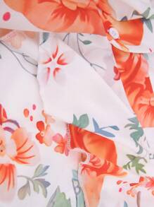 Women Button-Down Ruffle Shirt, Adults Solid Color/Letter/Butterfly/Plant Print V-Neck Long Sleeve Blouse - Orange - View 8