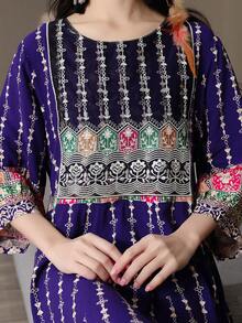 Round Neck Embroidered Flowy Maxi Bohemian Dress, Modest - Purple - View 6