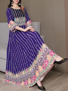 Round Neck Embroidered Flowy Maxi Bohemian Dress, Modest - Purple - View 8