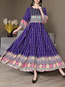 Round Neck Embroidered Flowy Maxi Bohemian Dress, Modest - Purple - View 5