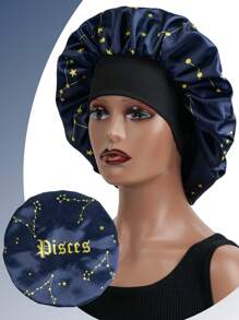 1pc Satin Elastic Sleeping Cap With Drawstring Bow, Printed With 12 Zodiac Signs, Unisex Sleep Bonnet - Black - View 27