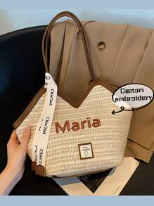 Bolso de mano/hombro de mujer tejido con bordado personalizado, versátil y adecuado para todas las estaciones, casual y elegante. Se puede personalizar con tus letras favoritas. Perfecto como regalo para el Día de la Mujer, el Día de la Madre o un cumpleaños. También adecuado como bolso de playa, bolso de compras, bolso de viaje o bolso de fiesta. - Multicolor - Ver 2