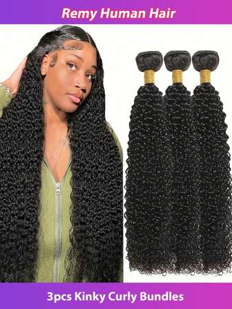 3 件卷曲束人发接发缝制卷曲人发纬纱自然黑发