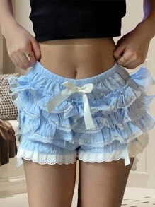 Women Y2k Lolita Bloomers Teens Cute Tiered Ruffle Pumpkin Panties Bloomer Bottom Lace Trim Layered High Waist Shorts Pettipants - 藍色 - 查看 1