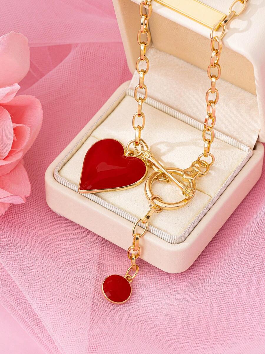 1pc Fashionable 3D Alloy Enameled Drum-Shaped Red Heart & Round Gold Water Drop Pendant Necklace - Yellow Gold - View 1