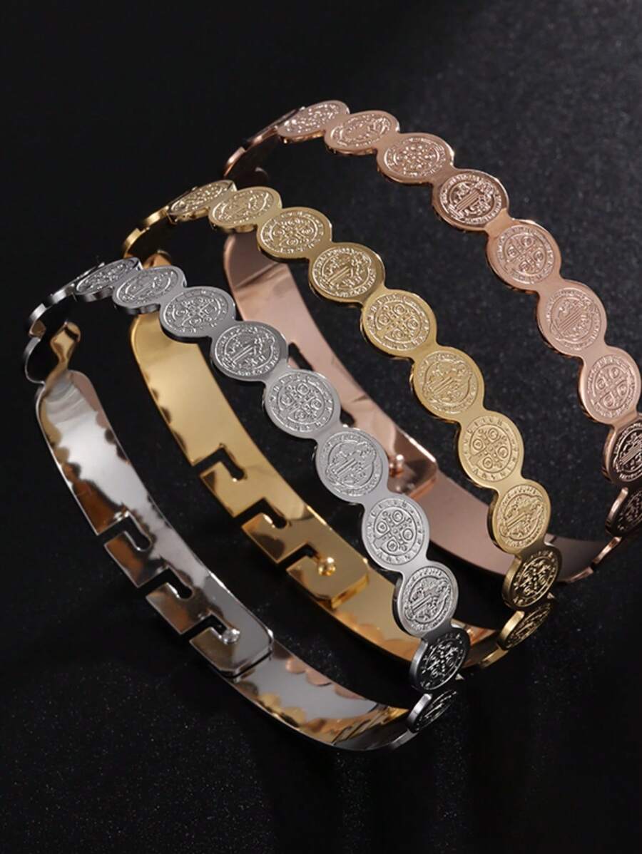 精致不锈钢圣本笃十字架天主教手镯 基督教圣本笃手镯 女士护身符首饰 - 銀色 - 查看 1