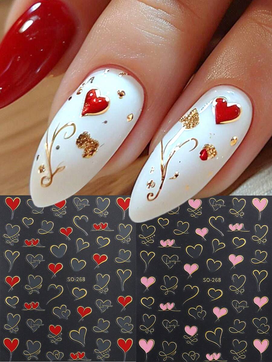 2 包古铜色心形指甲贴纸情人节美甲贴纸 3D 金色心形线条边框指甲贴花自粘爱心贴纸粉色红色心形指甲用品女士女孩 DIY 美甲指甲 - 彩色 - 查看 1