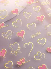 2 包古铜色心形指甲贴纸情人节美甲贴纸 3D 金色心形线条边框指甲贴花自粘爱心贴纸粉色红色心形指甲用品女士女孩 DIY 美甲指甲 - 彩色 - 查看 8