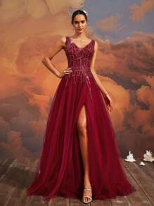 Elisanya Váy dạ hội dài bằng vải tuyn sequin xẻ cao cổ chữ V màu đỏ tía, Váy dự tiệc sang trọng thanh lịch dành cho phụ nữ, Váy dự tiệc, Váy của phụ nữ, Váy dài, Váy dạ hội, Váy dự tiệc cưới, Váy trang trọng - Màu Đỏ Sâu - Xem 4